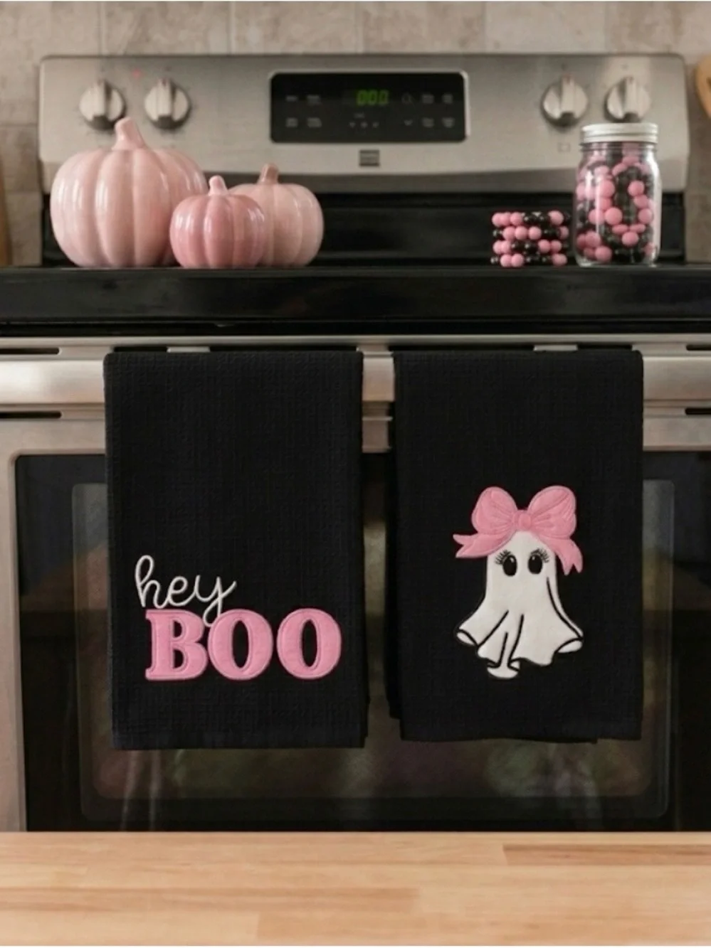 Black 'Hey Boo' Halloween Kitchen Towels with Pink Appliqué